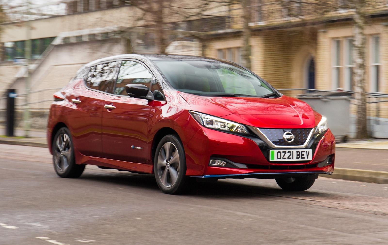 A red Nissan Leaf